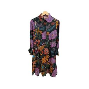 Sal Rosa Maximalist Tropical Floral Bird Print Silk Blend Shirt Dress Black‎ XS